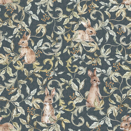 Tapet Barnrum - Rabbits Groove Dark | Kaniner på Mörk Botten | Remsa 280×100 cm (Non-woven)