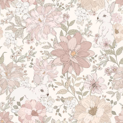 Tapet Barnrum - Hide and Seek Rabbits | Blommig med Kaniner | Remsa 280×100 cm (Non-woven)