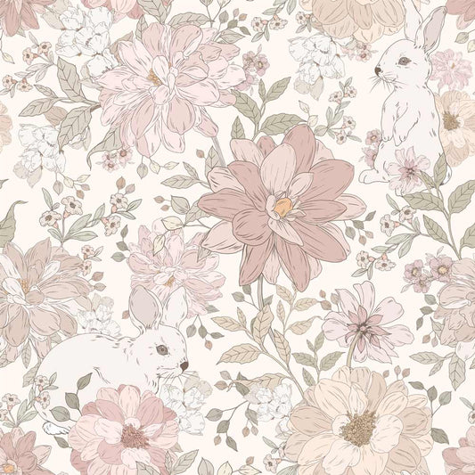 Tapet Barnrum - Hide and Seek Rabbits | Blommig med Kaniner | Remsa 280×100 cm (Non-woven)