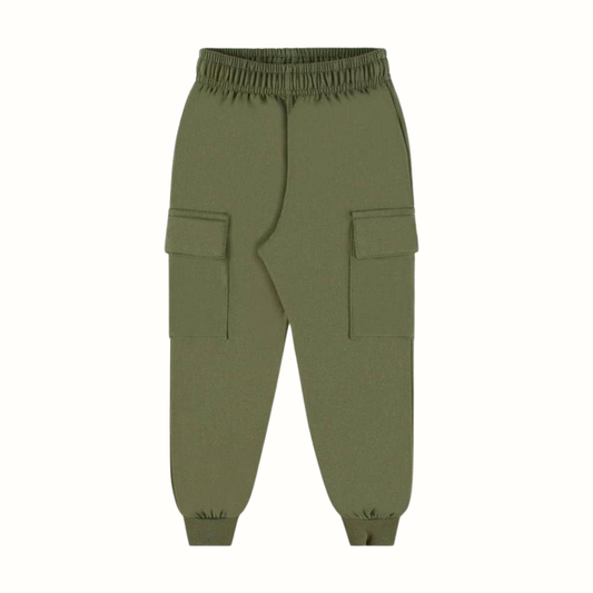 Boys' winter cargo pants – Green Eucalyptus, brushed fleece & drawstring waist