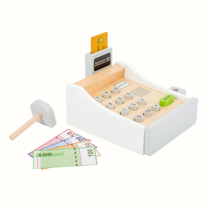 Leksakskassa i trä för barn – pedagogisk kassaapparat