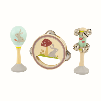 Musikset i trä för barn – Kanin | Tamburin, maracas & skallra