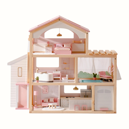 Dockhus i trä för barn – stort trädockhus Dreamy Pink med möbler & hiss | CE-märkt