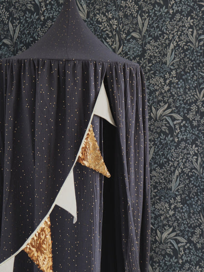 Sänghimmel barn – Antracit & Guld i 100 % bomull (Ø50 × H240 cm) | Moi Mili