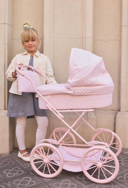 Dockvagn Rosa Vichy – vikbar barnvagn för dockor Monnëka