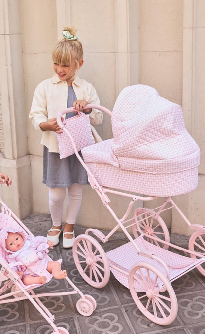 Dockvagn Rosa Vichy – vikbar barnvagn för dockor Monnëka