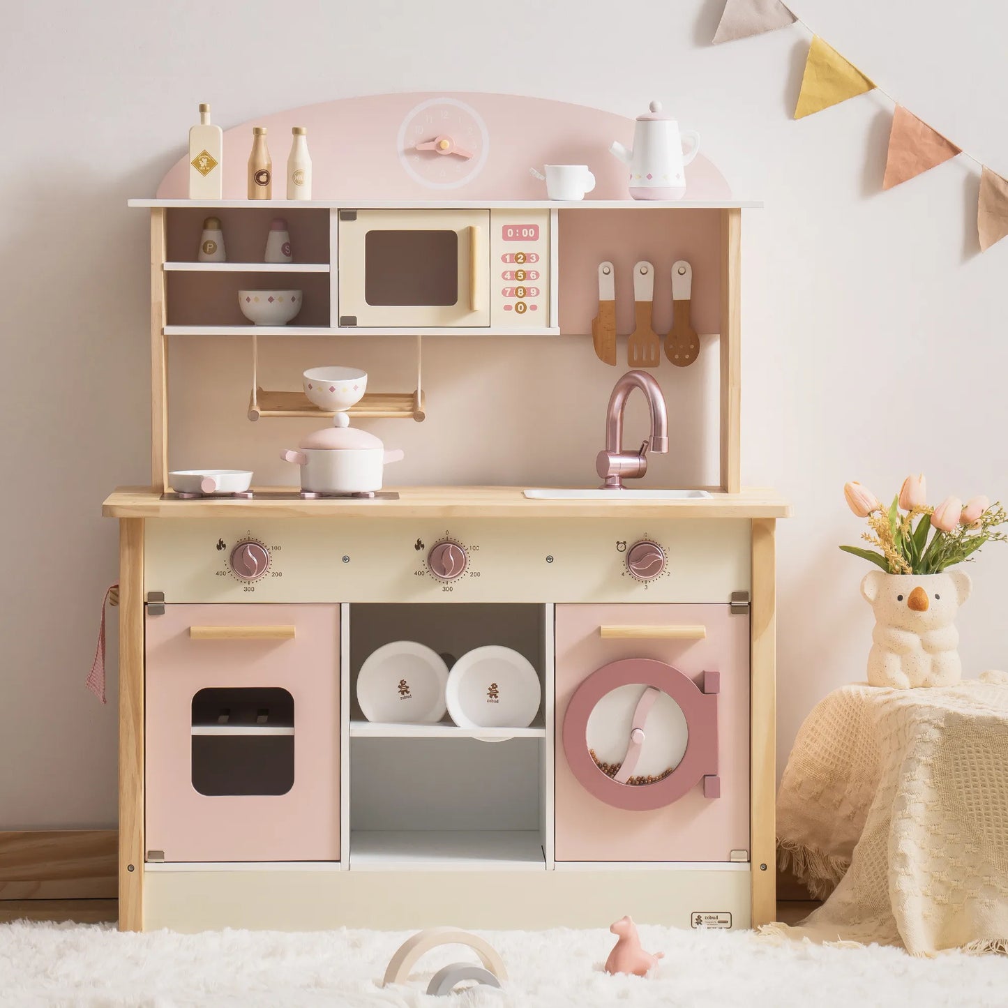Barnkök i trä – Rosa Komplett med tvättmaskin & realistiska tillbehör (3+)