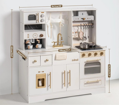 Stort barnkök i trä vitt med gulddetaljer – komplett kök med ugn, ismaskin & tillbehör
