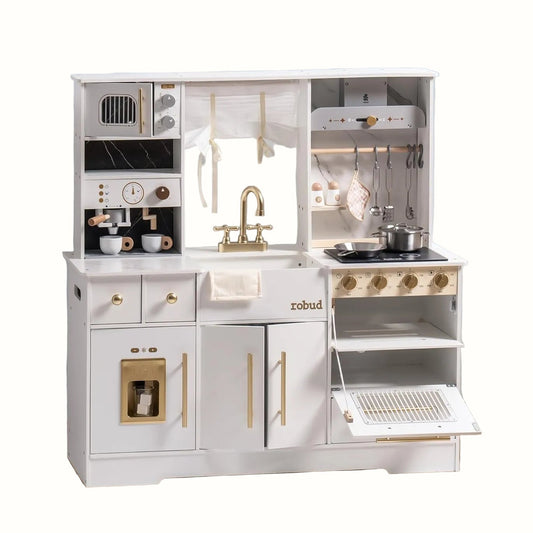 Stort barnkök i trä vitt med gulddetaljer – komplett kök med ugn, ismaskin & tillbehör