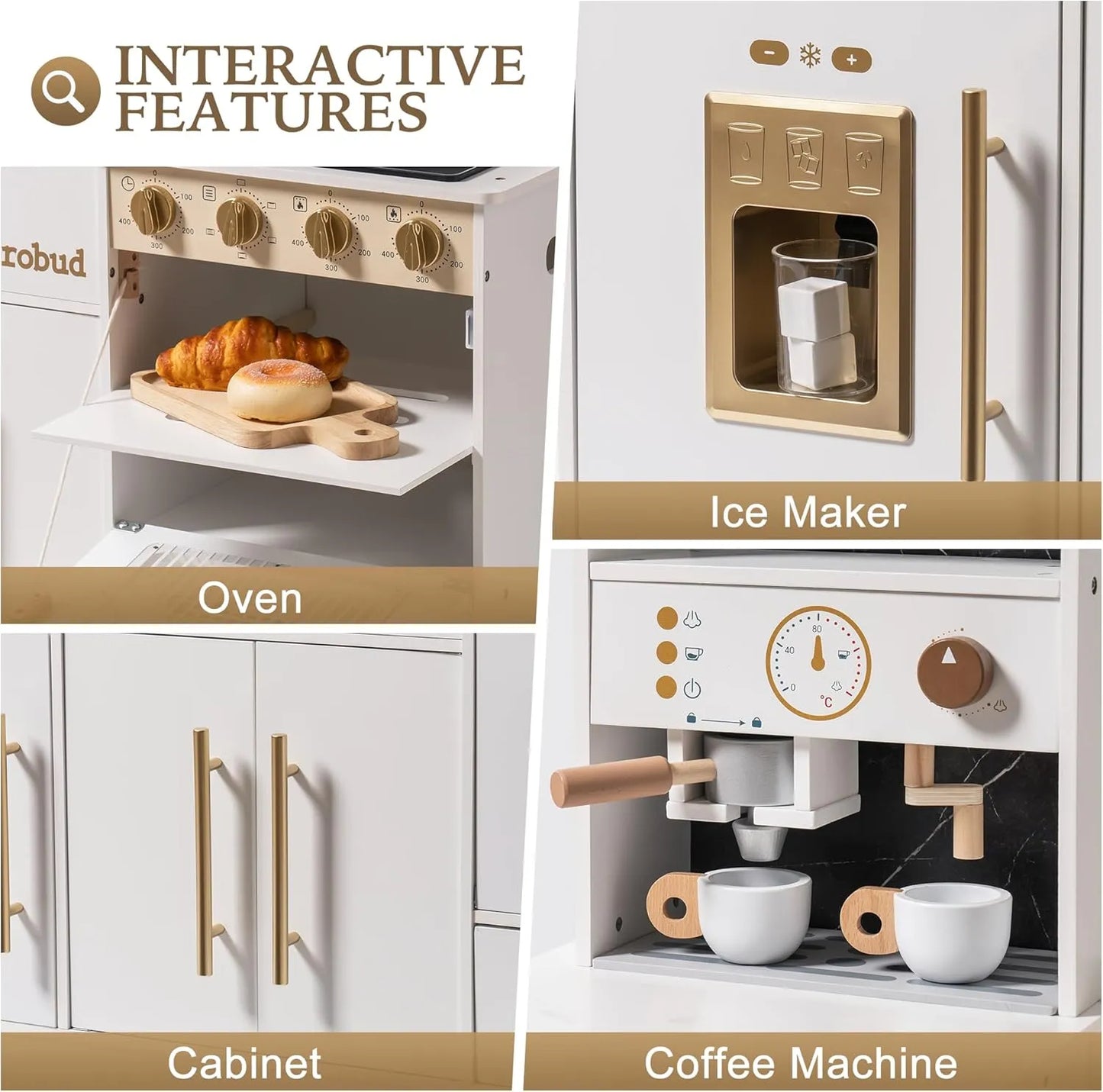 Stort barnkök i trä vitt med gulddetaljer – komplett kök med ugn, ismaskin & tillbehör