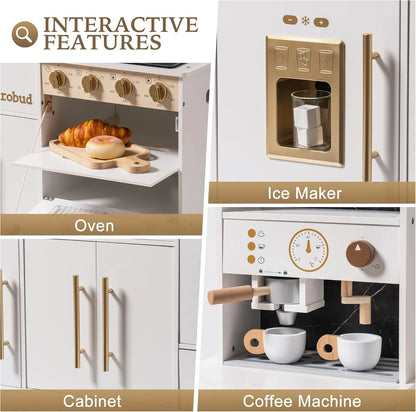 Stort barnkök i trä vitt med gulddetaljer – komplett kök med ugn, ismaskin & tillbehör