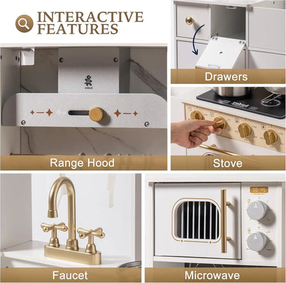 Stort barnkök i trä vitt med gulddetaljer – komplett kök med ugn, ismaskin & tillbehör