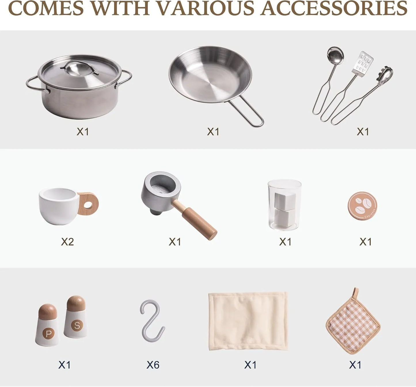 Stort barnkök i trä vitt med gulddetaljer – komplett kök med ugn, ismaskin & tillbehör