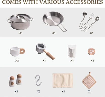 Stort barnkök i trä vitt med gulddetaljer – komplett kök med ugn, ismaskin & tillbehör