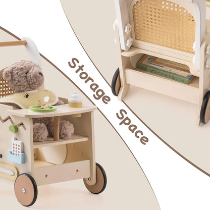 Gåvagn i trä – rattan look med aktivitetscenter & förvaring