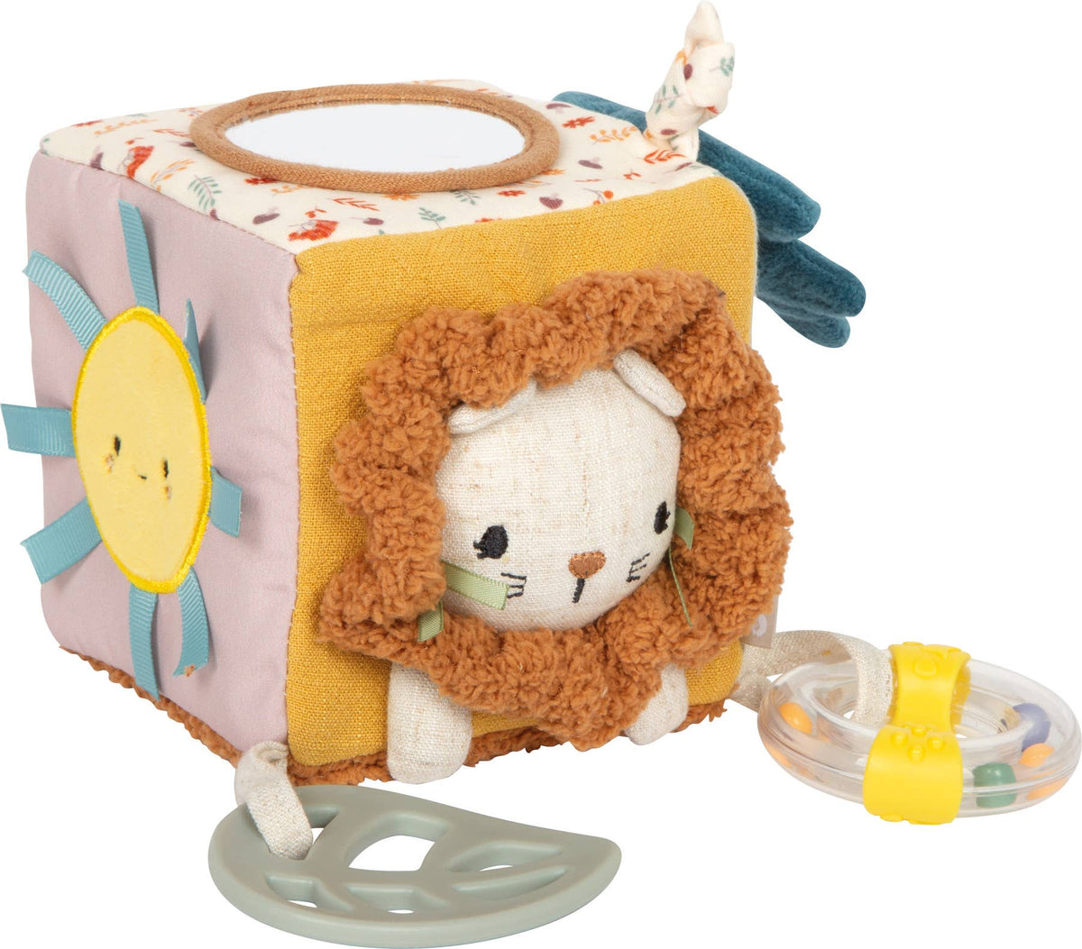 Mjuk aktivitetskub Little Lion för baby med bitring och skallra