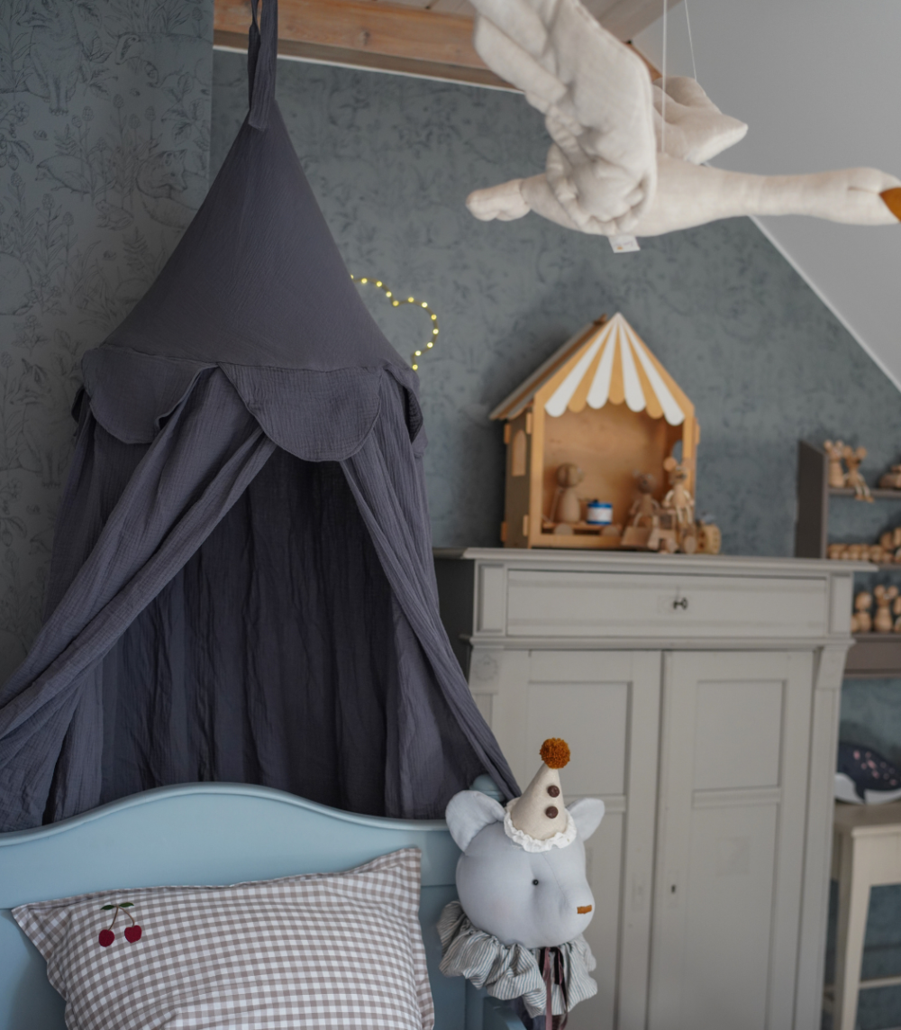 Blå sänghimmel för barn i bomullsmuslin – Muzpony Modern Denim