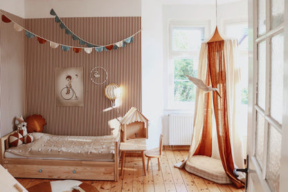 Sänghimmel barn – Karamell Cirkus i bomull & lin (Ø50 × H240 cm) | Moi Mili