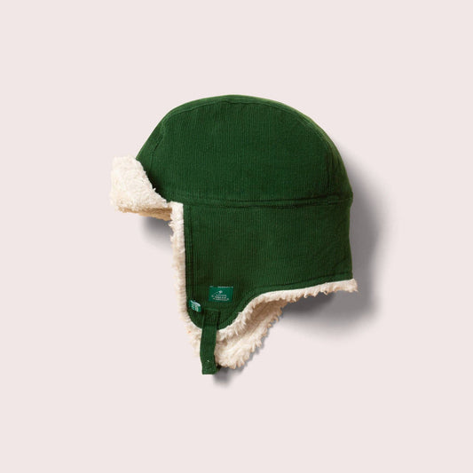 Vintermössa barn – Vintage Green, ekologisk sherpa & knäppbar hakrem | Little Green Radicals