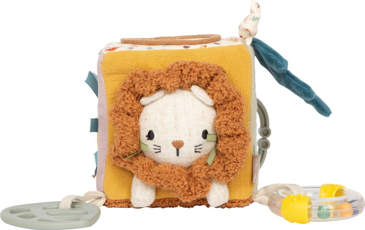 Mjuk aktivitetskub Little Lion för baby med bitring och skallra