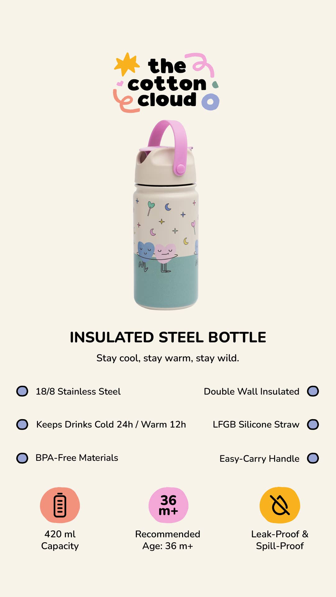 Isolerad vattenflaska för barn – Croc Rock, 420 ml