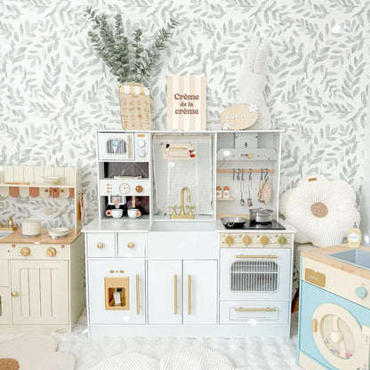 Stort barnkök i trä vitt med gulddetaljer – komplett kök med ugn, ismaskin & tillbehör
