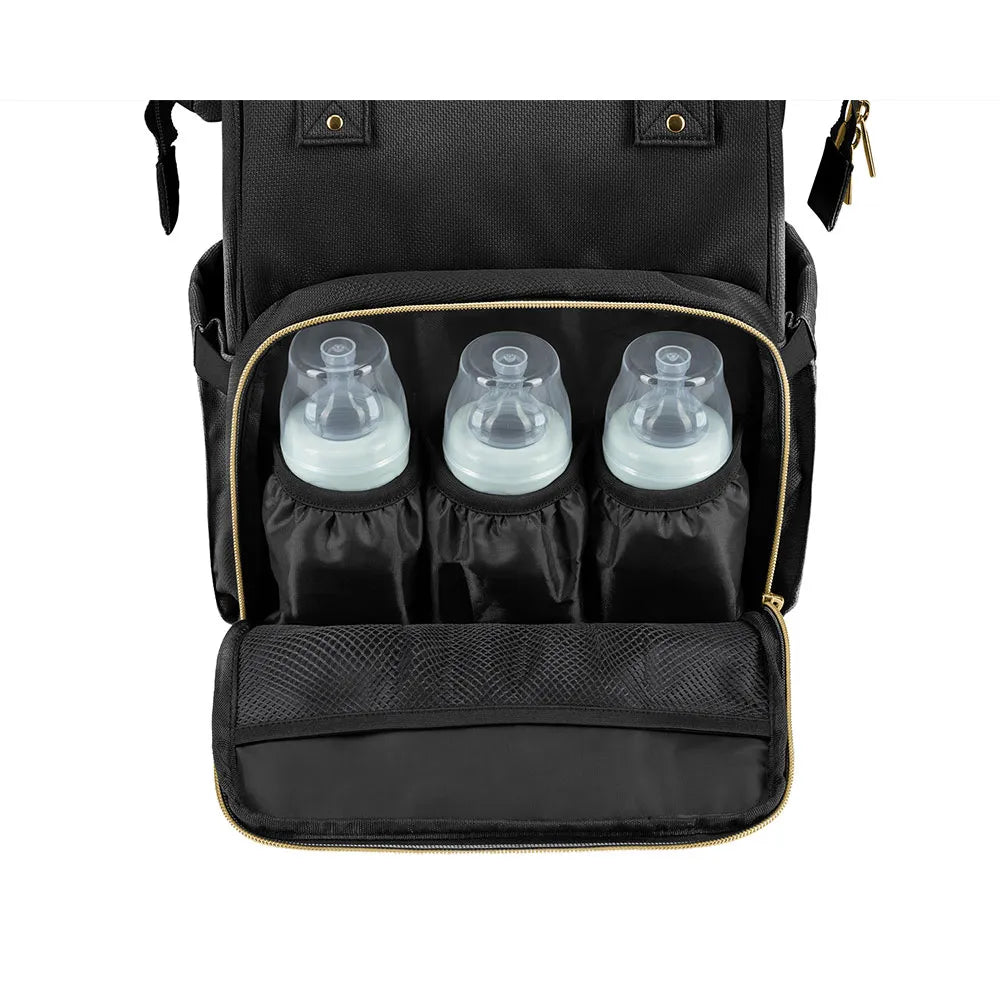Skötväska ryggsäck svart – stor mamma-väska med isolerade fickor | Siena Black & Gold – Kikkaboo