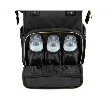 Skötväska ryggsäck svart – stor mamma-väska med isolerade fickor | Siena Black & Gold – Kikkaboo