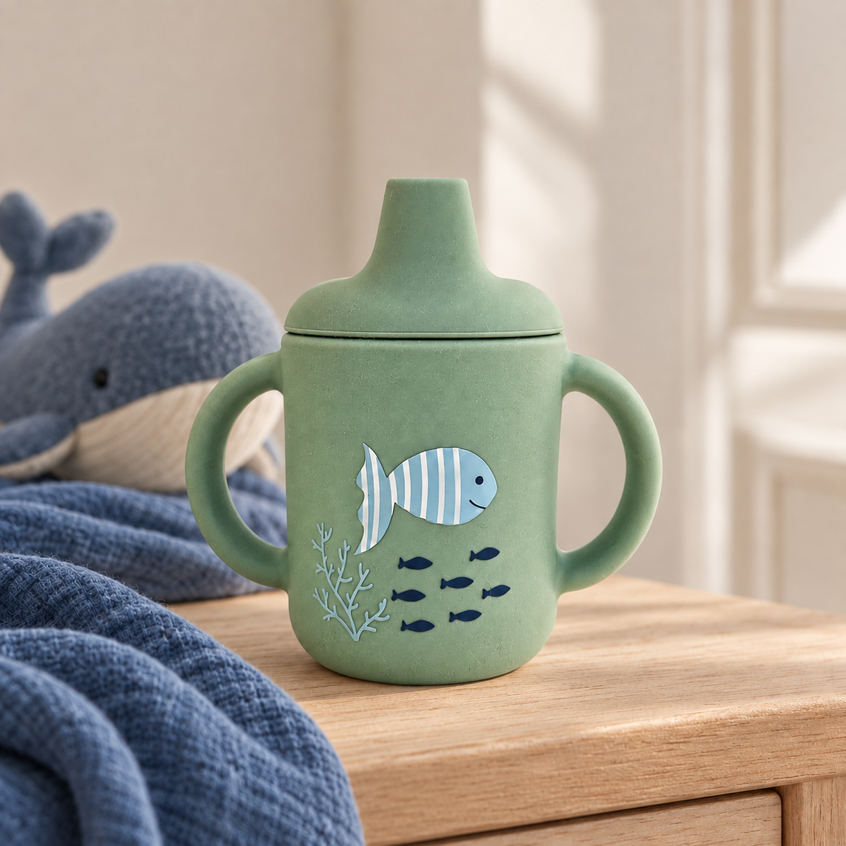 Spill-proof silicone cup with handles – Cameo Green Ocean