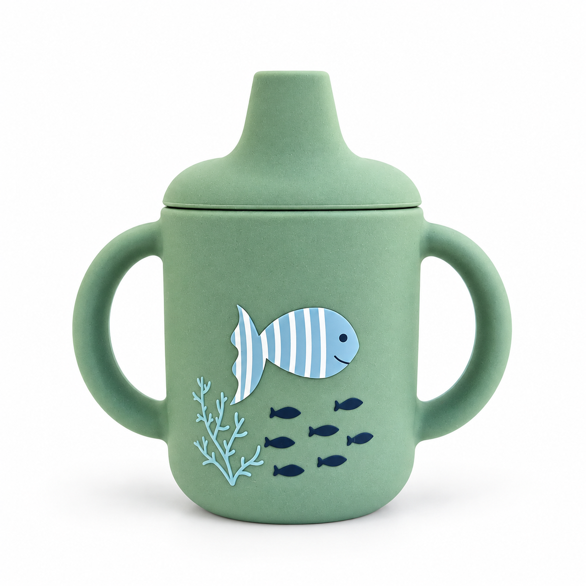 Spill-proof silicone cup with handles – Cameo Green Ocean