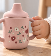 Spill-proof silicone cup with handles – Pale Mauve Flowers