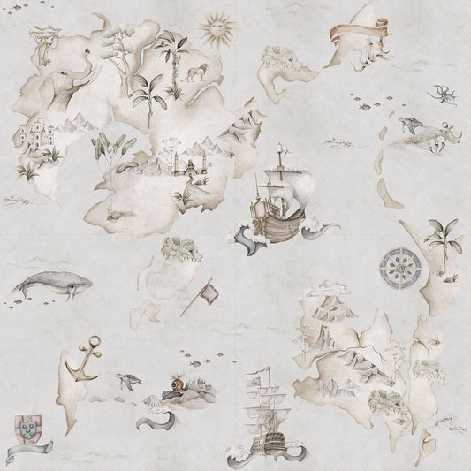Tapet Barnrum - Map Stories From The Sea (Color) | Sjökarta & Upptäcktsmotiv | Remsa 280×100 cm (Non-woven)