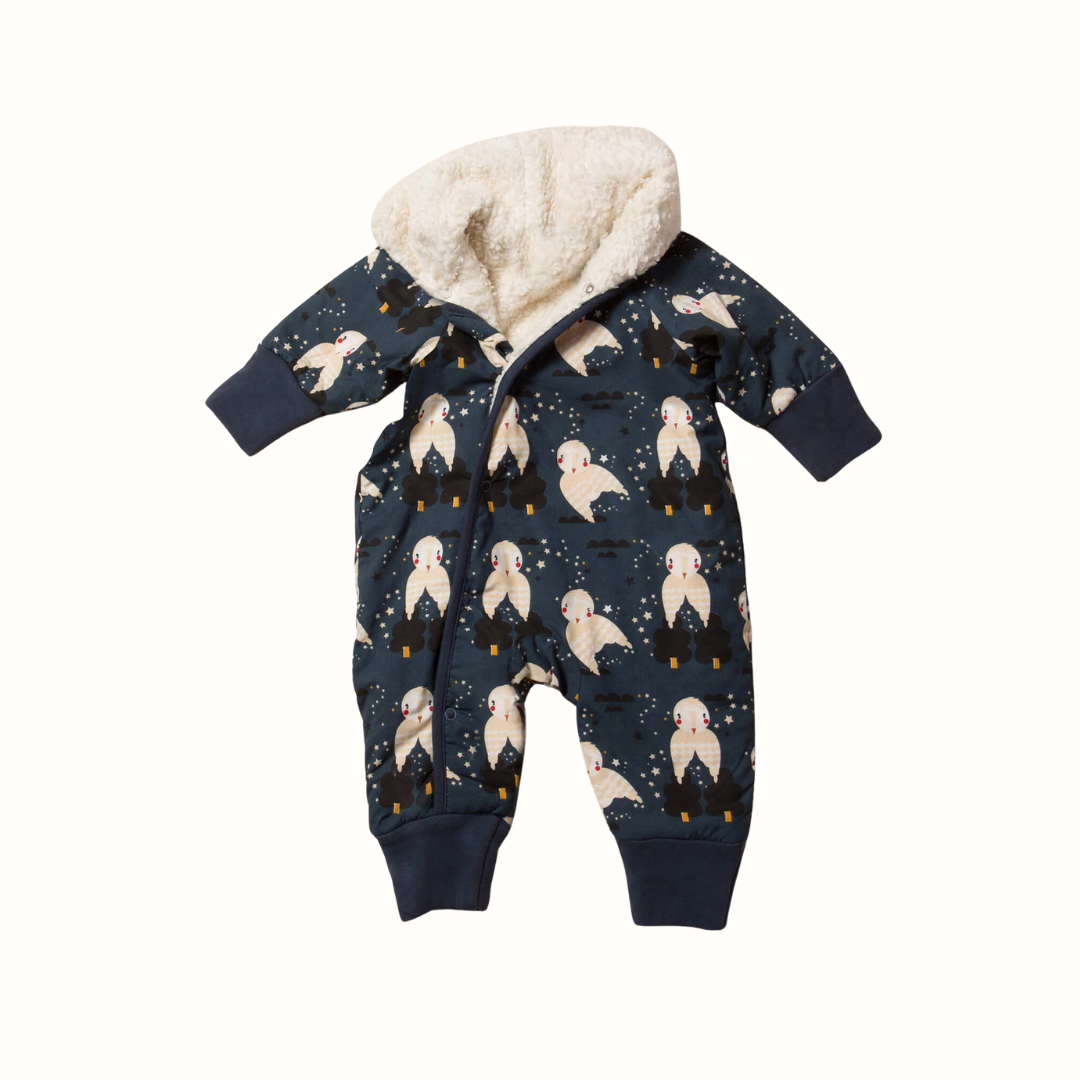 Snowsuit/Pramsuit – Winter Owls, organic & Fairtrade (sherpa-lined) | Little Green Radicals